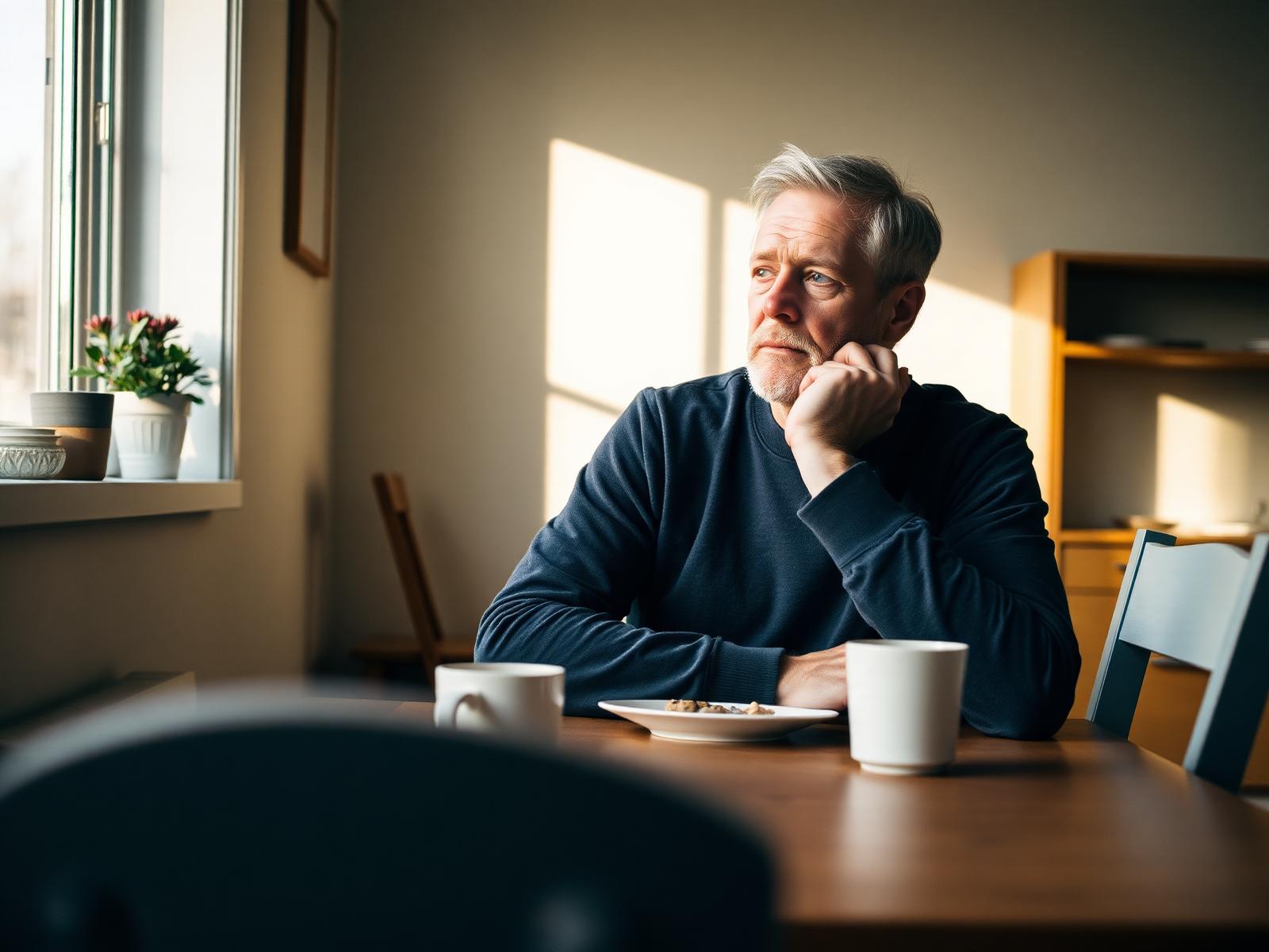 Mann sitzt nachdenklich am Frühstückstisch im Morgenlicht