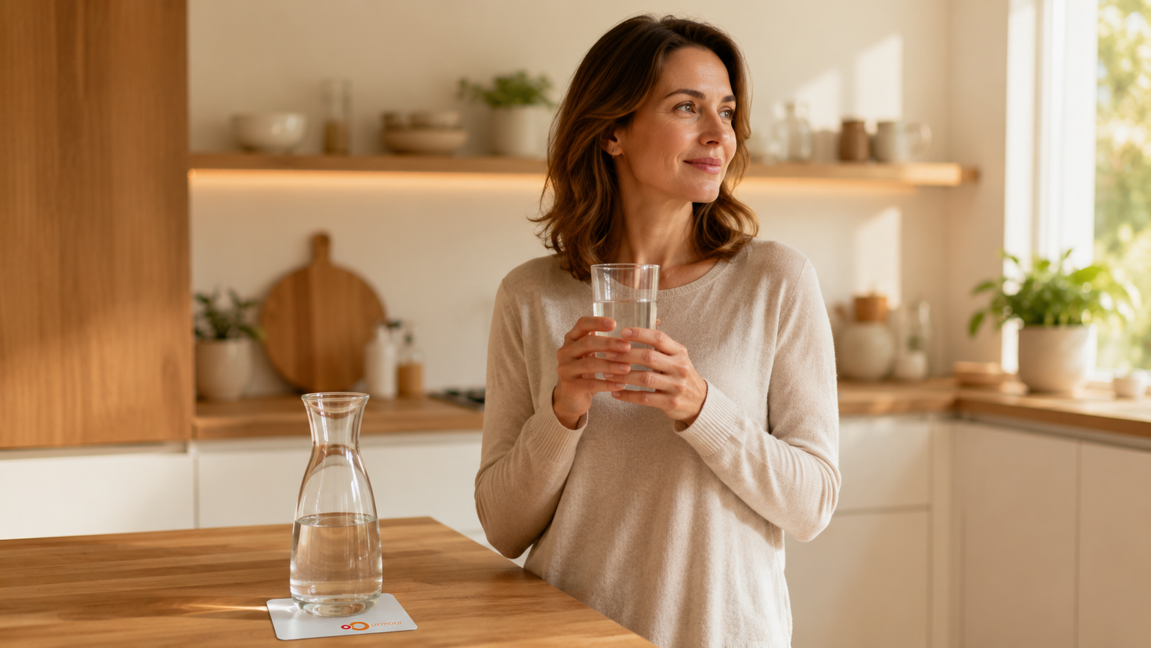 Frau steht in einer hellen Küche und hält ein Glas Wasser in der Hand