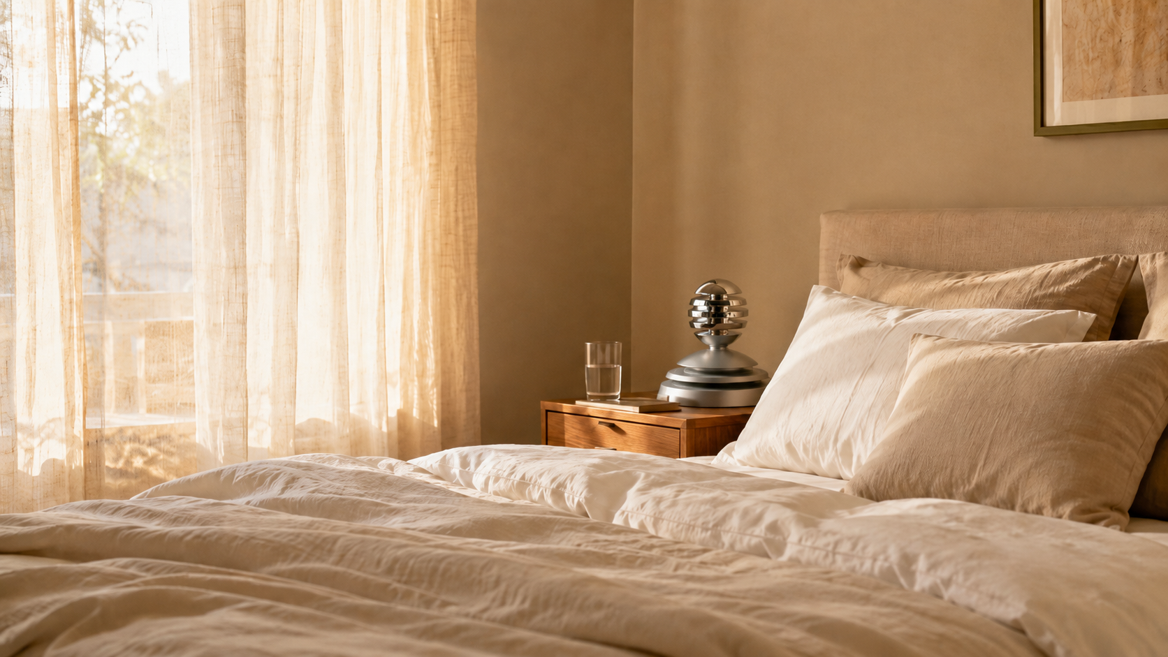 Ordentlich bezogenes Bett in einem hellen Schlafzimmer im Morgenlicht